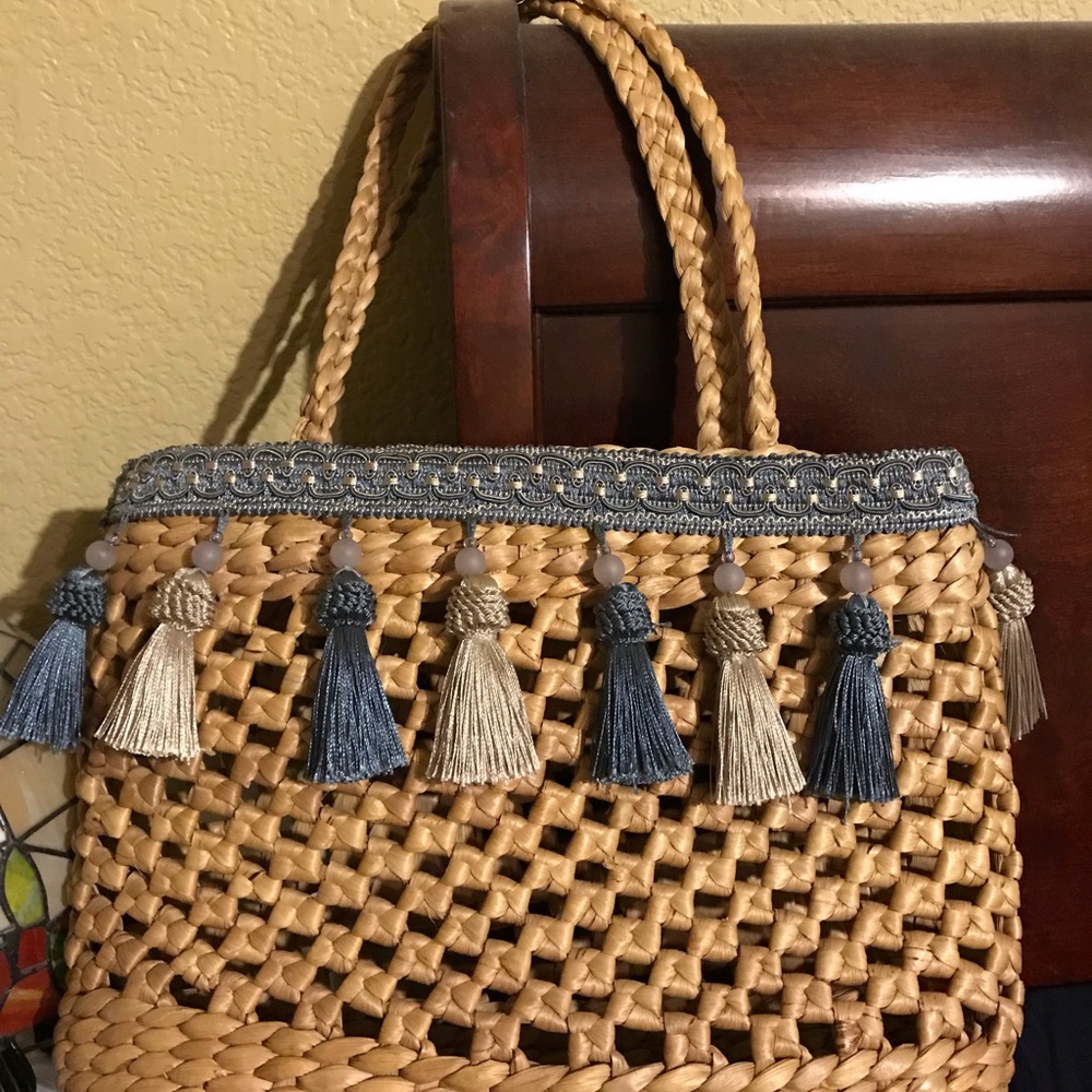 Jute embellished purse with blue and gold tassels